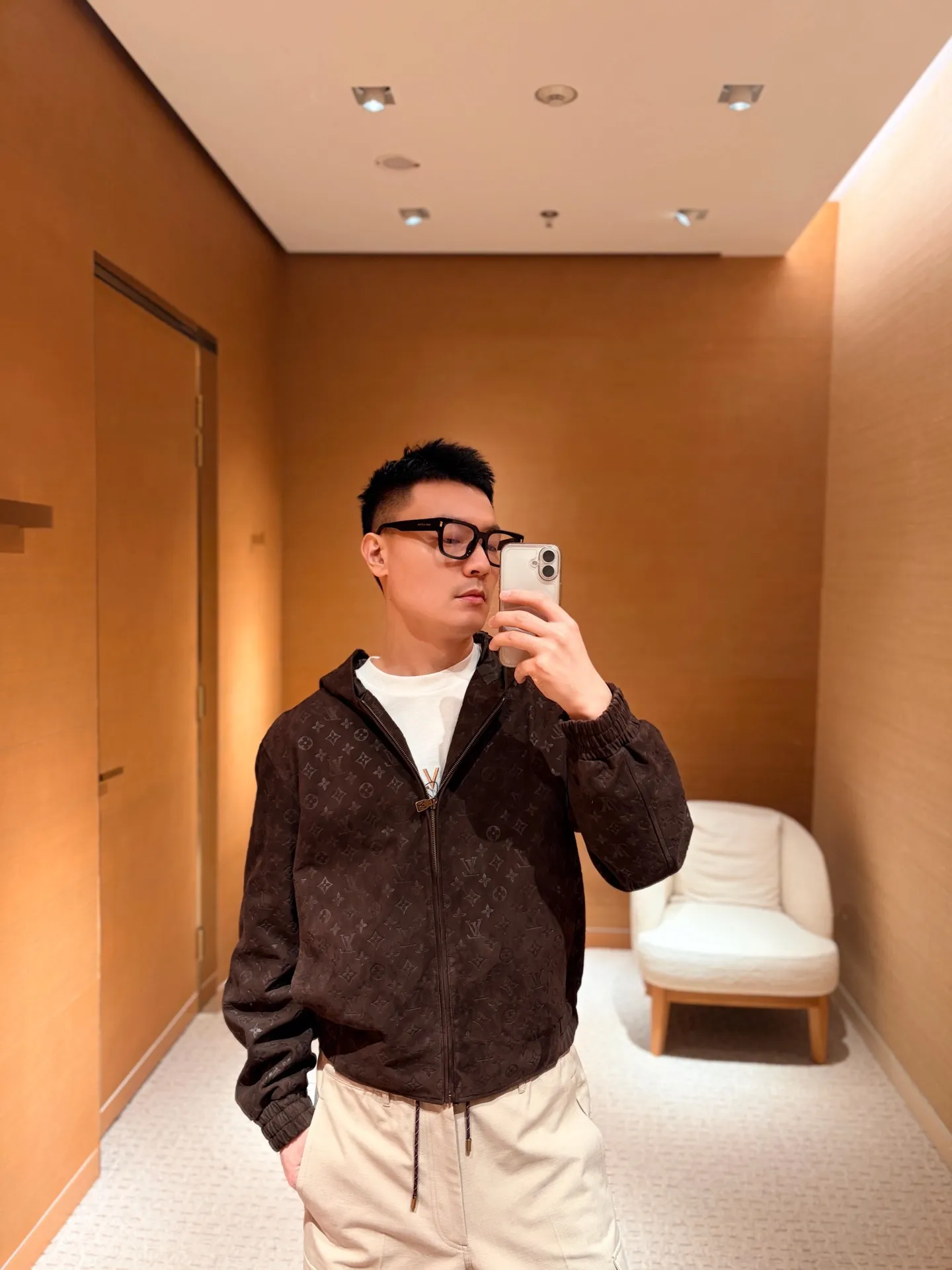 Louis Vuitton/embossed suede leather hooded jacket